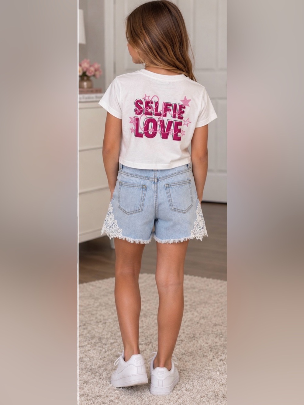 KIDS✨Girls Trendy 2-Piece Outfit Selfie Love Crop Tee + Lace Denim Shorts